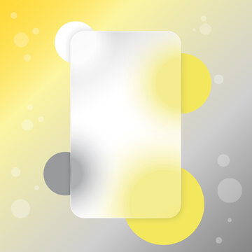 Frosted transparent glass effect template. Vertical rounded rectangle. Abstract yellow and gray background. Circles are white and grey. Glassmorphism style. Vector