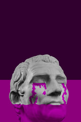 Collage with sculpture of human face in a pop art style. Modern creative concept image with ancient statue head. Zine culture. Contemporary art poster. Funky punk minimalism. Retro surreal design.