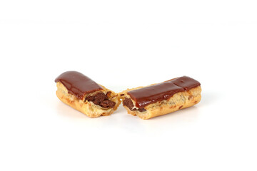 French Eclair with Chocolate brown Glaze. Eclairs with Custard isolated on white Background