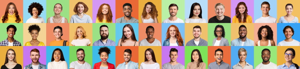 Fototapeta na wymiar Happy Young Men And Women Faces Smiling On Colorful Backgrounds
