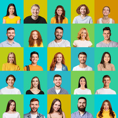 Square Collage Of Young People Faces With Colorful Backgrounds