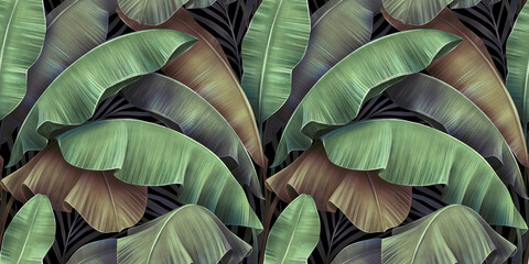 Tropical exotic seamless pattern with luxury vintage banana leaves, palm. Hand-drawn beautiful 3D illustration. Glamorous colorful premium background design. Good for wallpapers, cloth, fabric print - 422553270