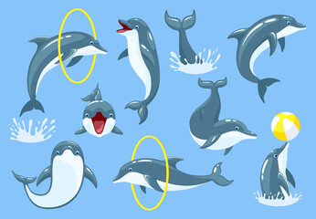 Cute blue dolphins set, dolphin jumping and performings tricks. Bottlenose Dolphin Performing Tricks Set of Illustrations