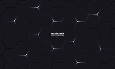 Black hexagonal technology vector abstract background. White bright energy flashes under hexagon in modern technology futuristic background vector illustration. Dark gray honeycomb texture grid.