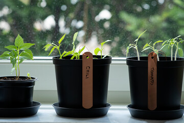 Chili and tomato plants in pots by the window. Concept of indoor herb and vegetable garden.