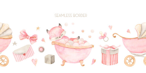 Watercolor hand painted newborn girl seamless border with cute sleeping fox, pin, flags, gift, balloons, hearts, stars, clouds. Design for baby shower, textile, nursery decor, children decoration