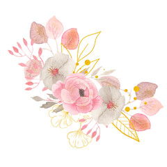 Watercolor floral bouquet with fwith delicate pink and gray flowers, leaves, branches, twigs and gold elements isolated on white background