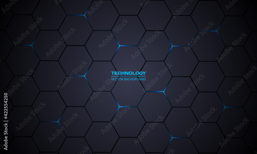 Leinwandbilder Dark gray hexagonal technology vector abstract background. Blue bright energy flashes under hexagon in modern technology futuristic background vector illustration. Dark gray honeycomb texture grid.