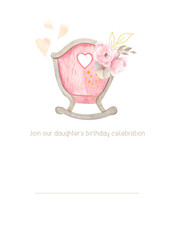 Watercolor hand painted newborn girl birthday card and baby shower invitation. Design for invitation, children decoration. Kid, flowers, baby, fox