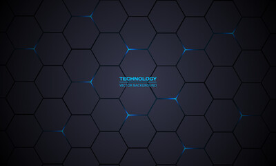 Dark gray hexagonal technology vector abstract background. Blue bright energy flashes under hexagon in modern technology futuristic background vector illustration. Dark gray honeycomb texture grid.
