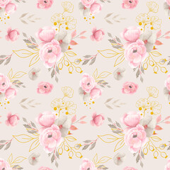 Watercolor floral seamless pattern with delicate pink and gray flowers, leaves, branches, twigs and gold elements isolated on white background - 422554656