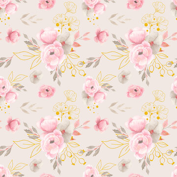 Watercolor floral seamless pattern with delicate pink and gray flowers, leaves, branches, twigs and gold elements isolated on white background