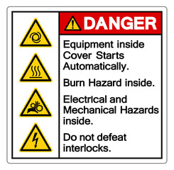 Danger Equipment Inside Cover Starts Automatically Burn Hazard Inside Electrical and Mechanical Hazards Inside Do not Defeat Interlocks ,Vector Illustration, Isolate On White Background Label. EPS10