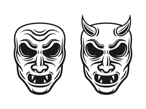 Samurai masks two styles vector illustration with horns and without isolated on white background