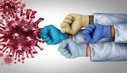 Virus vaccine support and flu or coronavirus medical fight disease control as a doctor group fighting a group of contagious pathogen cells as a health care metaphor for researching a cure