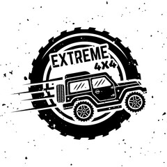 Off-road car side view vector monochrome vintage emblem with tire isolated on white background © Flat_Enot