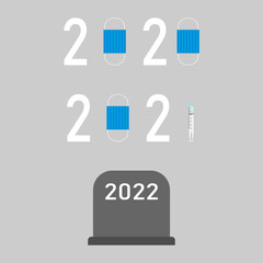 year of quarantine and year of vaccine. Black humor. Vector illustration.