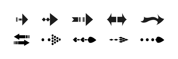 arrow icons, a set of interesting standard arrows, direction of the path. Vector illustration.
