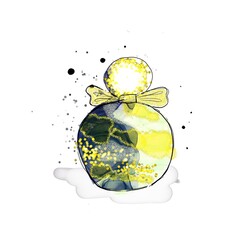 Fashion illustration gold perfume watercolor yellow color print glitter texture