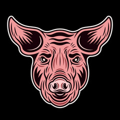 Pig pink head front view vector colorful illustration isolated on dark background