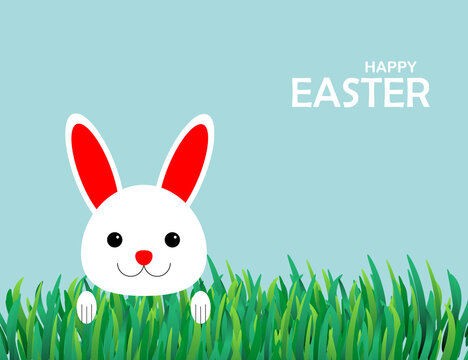 Happy Easter card, rabbit on the spring grass. Vector illustration.