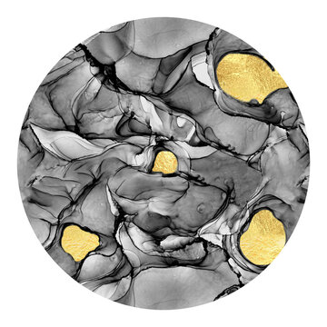 Marbling abstract luxury composition Inkscapes. Alcohol ink, Fluid chaos, art, kintsugi style and liquid gold foil grey texture circle