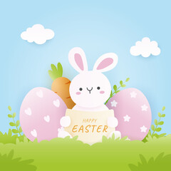 Happy Easter Day with eggs and rabbit background. Vector art illustration.