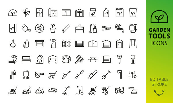 Gardening, garden tools and buildings isolated icons set. Set of power tools, greenhouse, seeds, shed storage, garden chair, tent, bench, lawnmower, trimmer, fence, gate, pool, flowerpot vector icon
