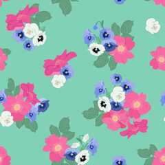 Seamless vector illustration with flowers of wild rose and pansies on a green background.