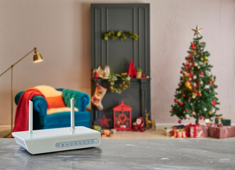 Modem and router box close up on the table style, decorative living room blue concept background.