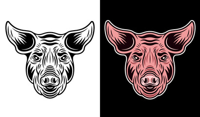 Pig head in two styles monochrome on white and colorful on dark background vector illustration