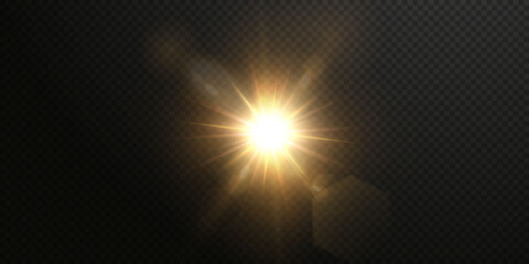 The sun is shining bright light rays with realistic glare. Light star on a transparent black background. Light star gold png. Light sun gold png. Light flash gold png. Powder png.