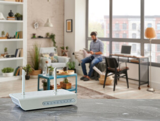 Modem and router box close up on the table style, decorative living room blue concept background.