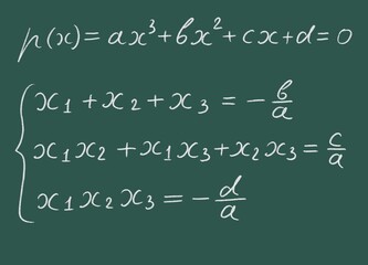 Applying Vieta's formulas for cubic  equations graphic illustration white lettering on a green board