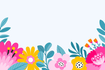 Fototapeta na wymiar Vector flower border. Colorful floral illustrations. Botanical frame minimalist modern ornament. Natural background decoration. Seasonal spring summer banner. Elegant greeting card template.