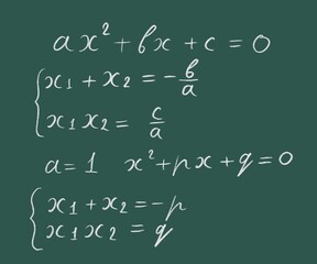 Fototapeta na wymiar Applying Vieta's formulas for quadratic equations graphic illustration white lettering on a green board