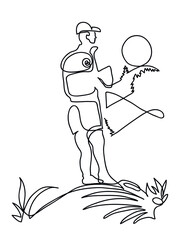 One line drawing of hiker on mountaintop.
One continuous line drawing of hiker standing on a mountaintop.
