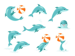 Bottlenose Dolphin Performing Tricks Set of Illustrations. Cute blue dolphins set, dolphin jumping