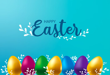 Easter card. Vector illustration of Happy Easter holiday with colorful eggs and green sprigs on a blue background. Beautiful calligraphic font.