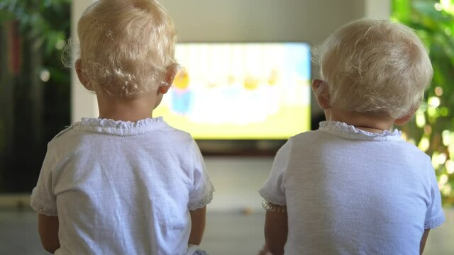 Back view of two blonde toddlers watching something on a big flat screen. Leisure activities 