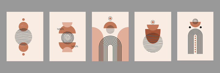 Modern abstract set aesthetic backgrounds with geometric balance shapes and lines. Wall decor in boho style. Mid century vector print for cover, wallpaper, card, social media, interior decor   © Elena
