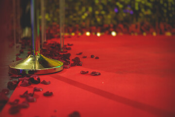 View of red carpet between ropes and golden barriers on a luxury party entrance, cinema premiere...