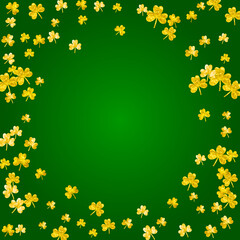 Saint patricks day background with shamrock. Lucky trefoil confetti. Glitter frame of clover leaves. Template for poster, gift certificate, banner. Irish saint patricks day backdrop.