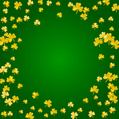 Saint patricks day background with shamrock. Lucky trefoil confetti. Glitter frame of clover leaves. Template for poster, gift certificate, banner. Irish saint patricks day backdrop.