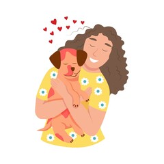 Happy pet owners. A young woman hugs a dog. Happiness, joy, heart. Cute flat vector illustration.