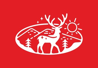 Red white deer illustration in oval shape