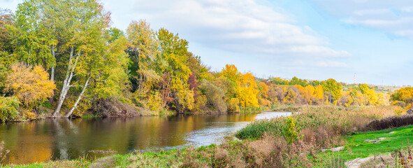 Bright autumn foliage on trees growing along river. Colorful panorama autumn season, nature outdoors