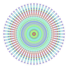 Creative multicolored points round symbol. Abstract symmetrical logo. Mosaic colorful beautiful beads. Circle dots modern pixel floral art icon. Colored pattern ornament wheel decorative illustration.