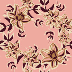 Vector pink brown flower wreaths seamless pattern 