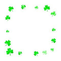 St patricks day background with shamrock. Lucky trefoil confetti. Glitter frame of clover leaves. Template for flyer, special business offer, promo. Irish st patricks day backdrop.